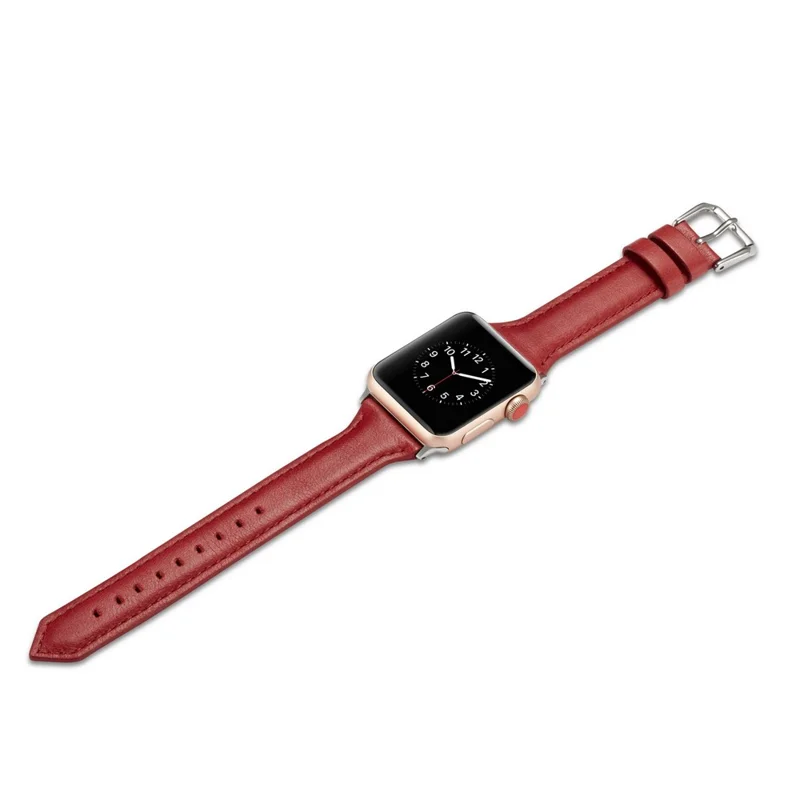 Thin Genuine Leather Watch Band Replacement for Apple Watch Ultra 3 2 1 49mm / Series 11 10 46mm / 9 8 7 45mm / SE3 SE2 SE 6 5 4 44mm / 3 2 1 42mm - Red