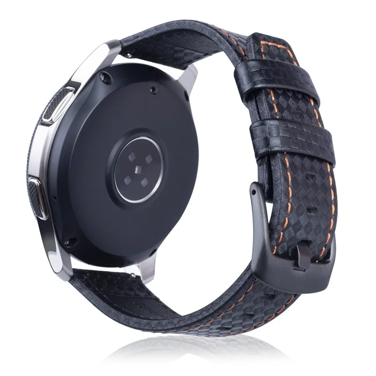 Correa de Reloj de Cuero Genuino con Textura de Fibra de Carbono de 22 mm - Negro con Puntadas Naranjas