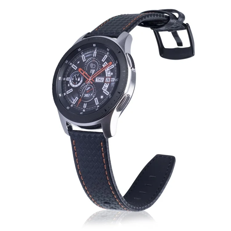 Carbon Fiber Texture 22mm Genuine Leather Watchband Replacement - Black with Orange Stitching