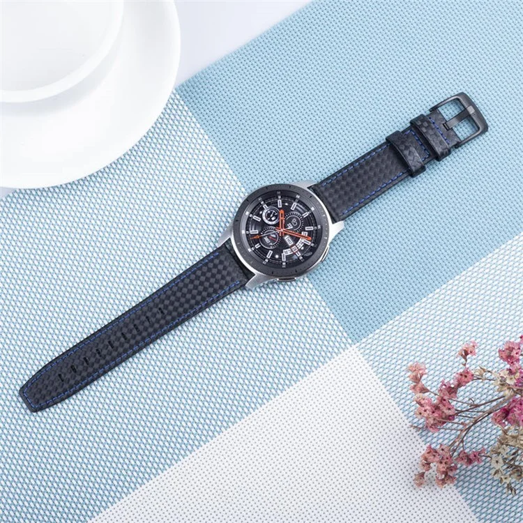 Carbon Fiber Texture 22mm Genuine Leather Watch Strap Replacement - Black with Blue Stitching