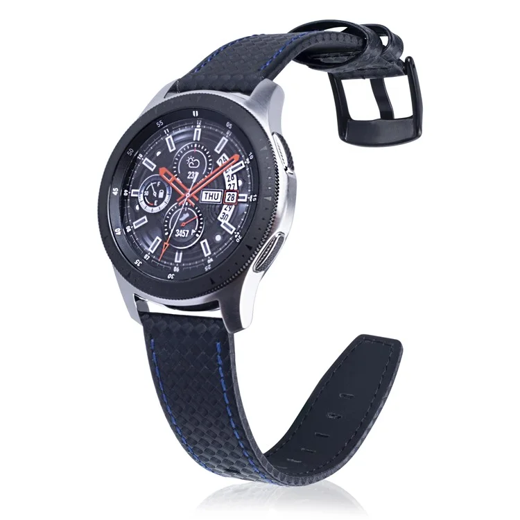 Bracelet de Montre en Cuir Véritable à Texture de Fibre de Carbone 22mm - Noir avec Couture Bleue