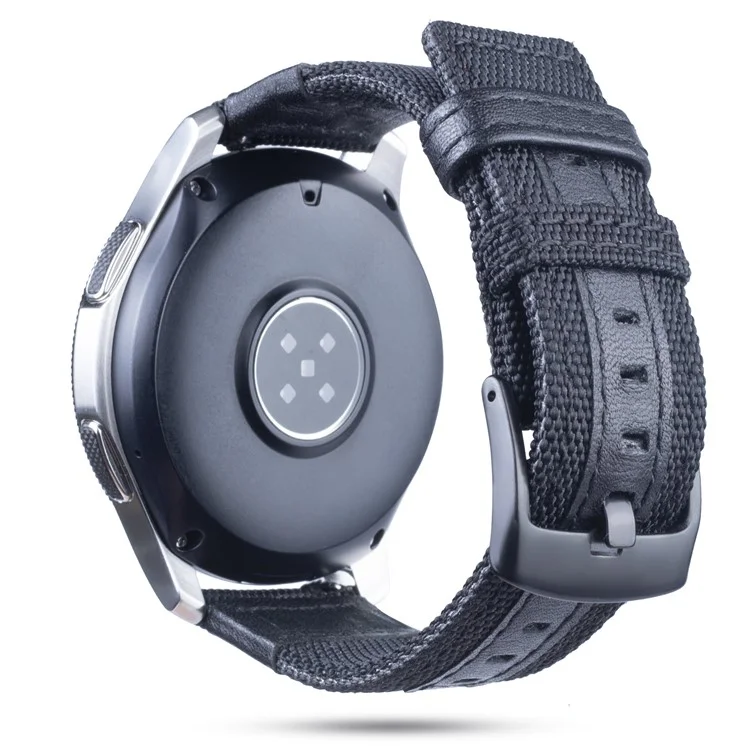 Universal 22mm Nylon Woven with Genuine Leather Wrist Strap for Samsung Galaxy Watch 46mm etc. - Black