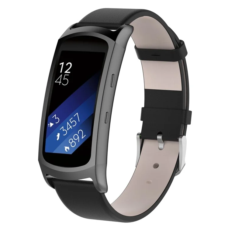 Genuine Leather Watch Band with Stainless Steel Connector for Samsung Gear Fit2 Pro (R365) / Fit2 (R360) - Black