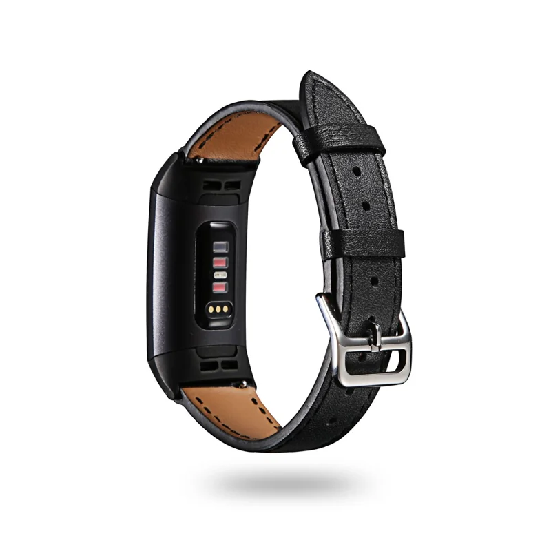 Genuine Leather Watch Wrist Band Strap for Fitbit Charge 4 / 3 - Black