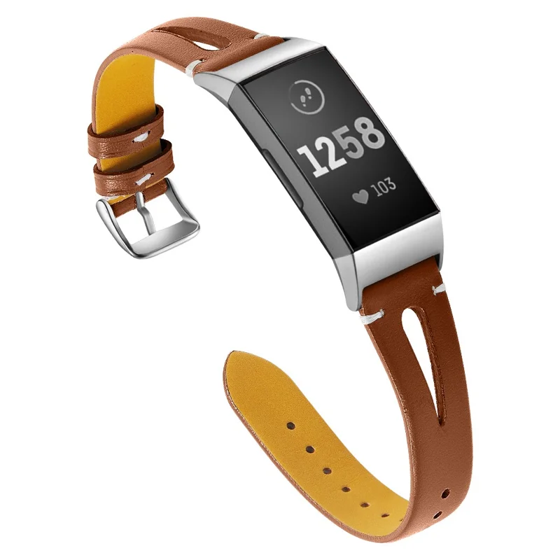 Hollow Genuine Leather Watch Band for Fitbit Charge 4 / 3 - Brown