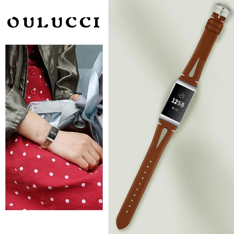 Hollow Genuine Leather Watch Band for Fitbit Charge 4 / 3 - Brown