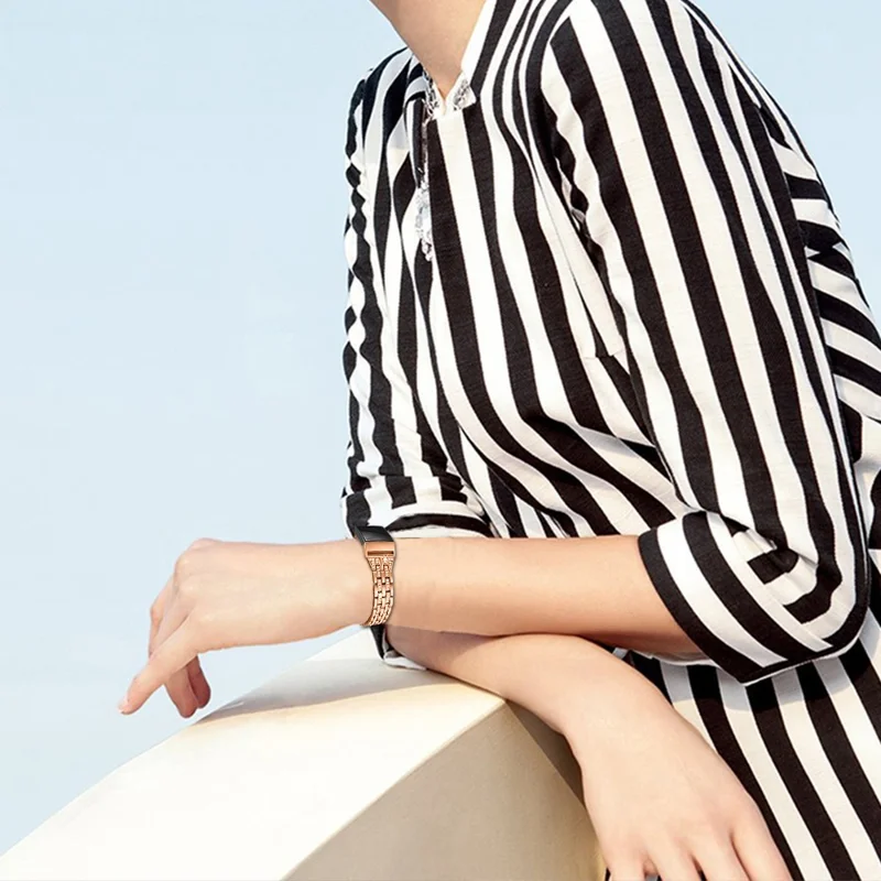 Dual Rows Rhinestone Decor Stainless Steel Watch Band for Fitbit Charge 4 / 3 - Rose Gold