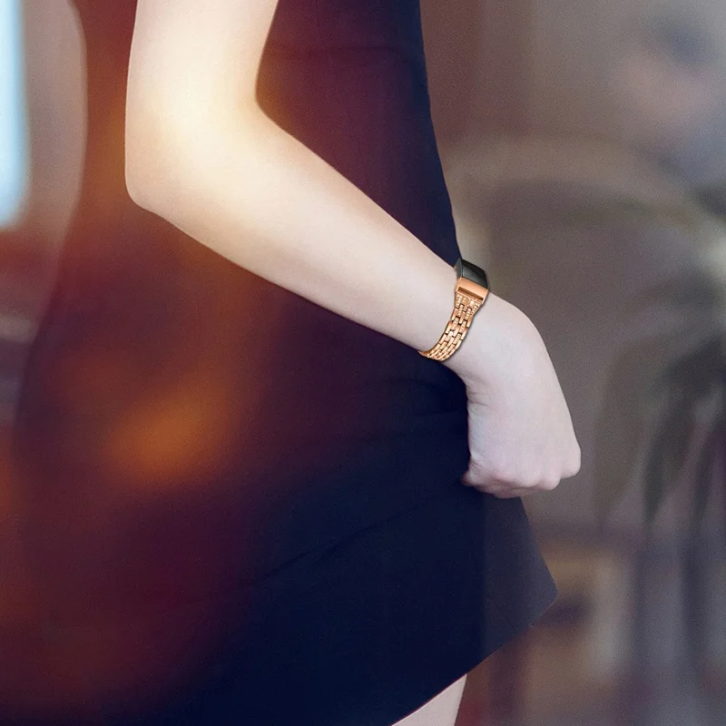 Dual Rows Rhinestone Decor Stainless Steel Watch Band for Fitbit Charge 4 / 3 - Rose Gold