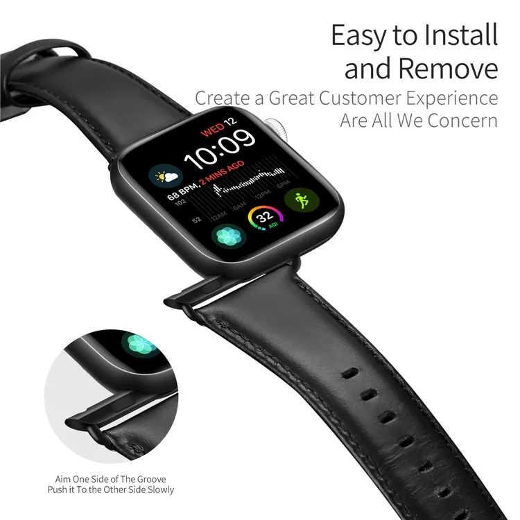 DUX DUCIS Genuine Leather Band for Apple Watch Series 10 42mm / 9 8 7 41mm / SE (2023) SE (2022) SE 6 5 4 40mm / 3 2 1 38mm Strap - Black