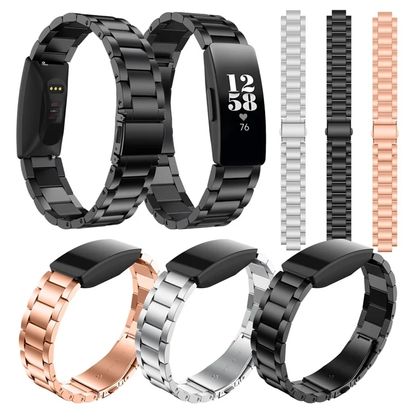 Three Beads Stainless Steel Watch Strap with Folding Clasp for Fitbit Inspire / Inspire HR - Black