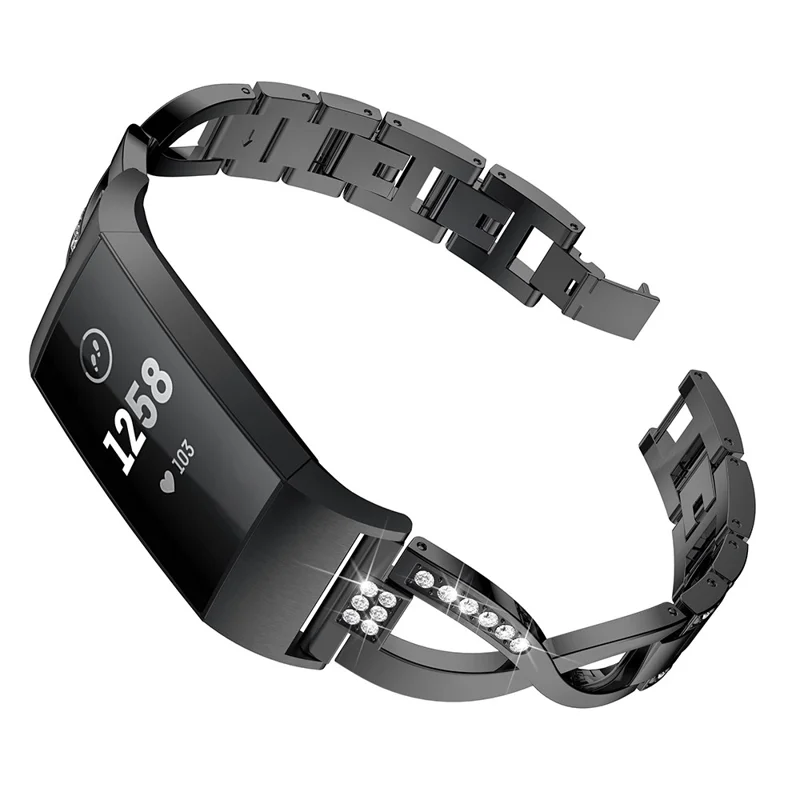 For Fitbit Charge 4/3 X-shape Rhinestone Decor Aluminum Alloy Watch Band Strap Replacement - Black