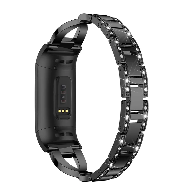 For Fitbit Charge 4/3 X-shape Rhinestone Decor Aluminum Alloy Watch Band Strap Replacement - Black