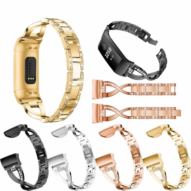 For Fitbit Charge 4/3 X-shape Rhinestone Decor Aluminum Alloy Watch Band Strap Replacement - Black