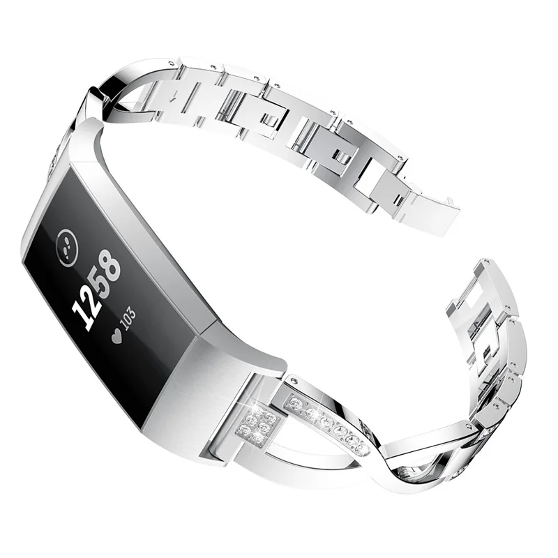 For Fitbit Charge 4/3 X-shape Rhinestone Decor Aluminum Alloy Watch Band Strap Replacement - Silver