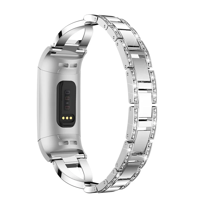 For Fitbit Charge 4/3 X-shape Rhinestone Decor Aluminum Alloy Watch Band Strap Replacement - Silver