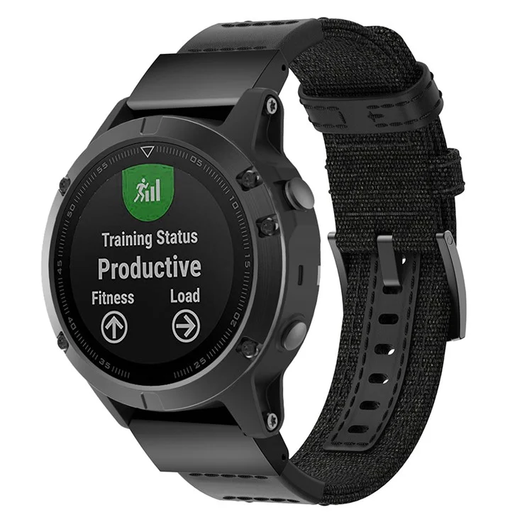 Canvas + Echtes Leder-Uhrenarmband für Garmin Fenix 5 Plus, Nylon-Sportarmband - Schwarz