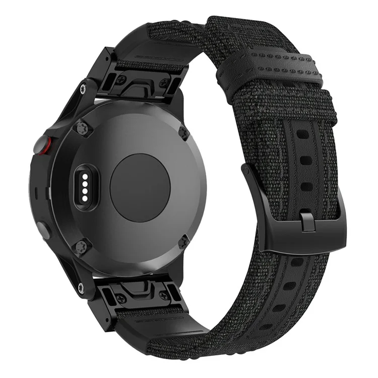 Canvas + Echtes Leder-Uhrenarmband für Garmin Fenix 5 Plus, Nylon-Sportarmband - Schwarz