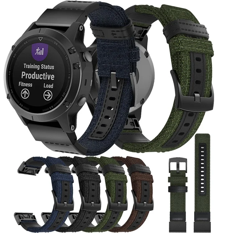 Canvas + Echtes Leder-Uhrenarmband für Garmin Fenix 5 Plus, Nylon-Sportarmband - Schwarz
