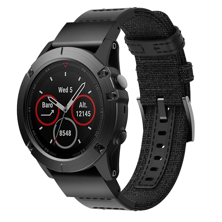 Для Garmin Fenix ​​5X / FENIX 5X PLUS / FENIX 3 / FENIX 3 HR Watch Band Canvas Jean + Натуральная Кожа Спортивный Ремешок Для Часов - Чернить