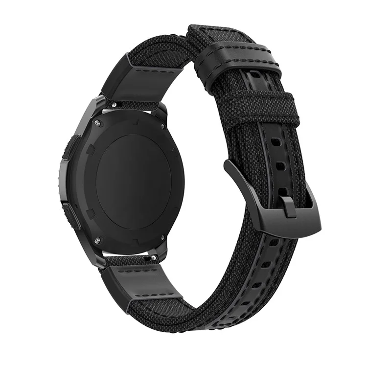 Para Samsung Engrenagem S3 Classic / S3 Frontier / Galaxy Watch 46mm Canvas + Genuíno Couro Relógio Band Nylon Sports Strap - Preto