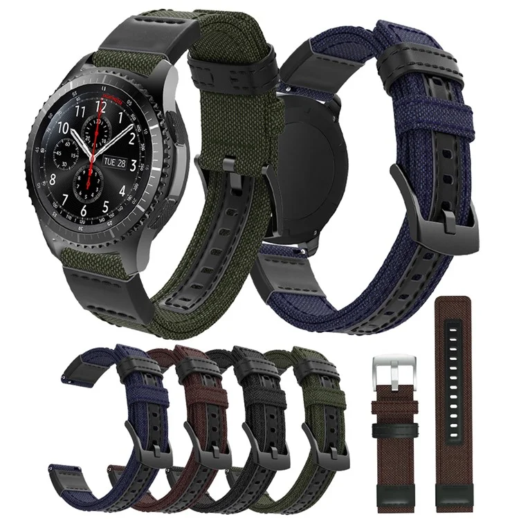 Para Samsung Engrenagem S3 Classic / S3 Frontier / Galaxy Watch 46mm Canvas + Genuíno Couro Relógio Band Nylon Sports Strap - Preto