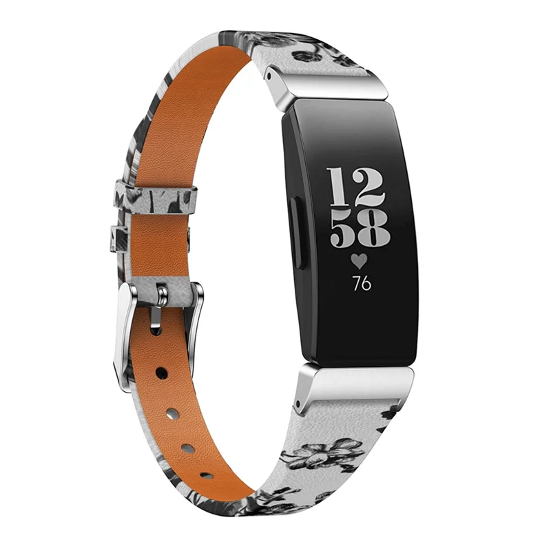 Flower Pattern Single Tour Genuine Leather Watch Strap for Fitbit Inspire / Inspire HR - White Background White Rose