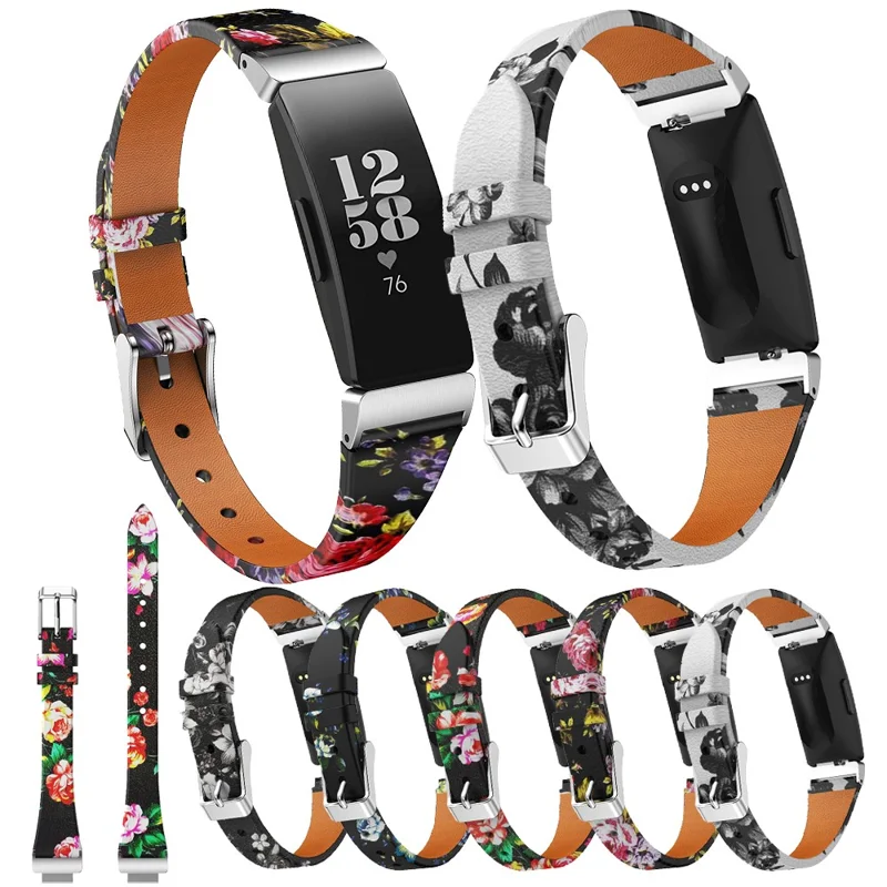 Flower Pattern Single Tour Genuine Leather Watch Strap for Fitbit Inspire / Inspire HR - White Background White Rose