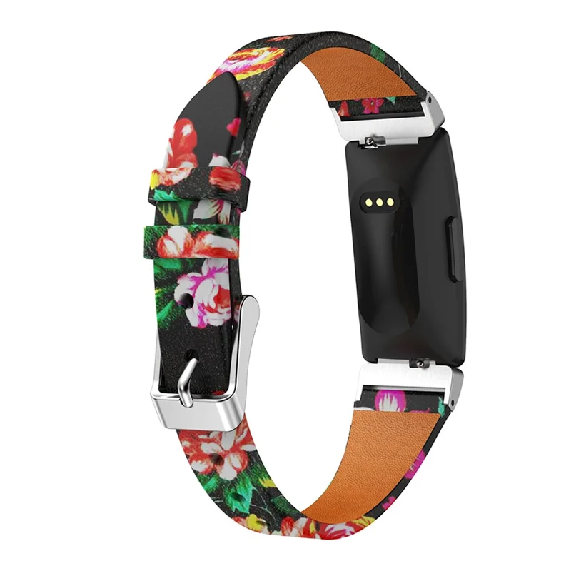 Flower Pattern Single Tour Genuine Leather Watch Strap for Fitbit Inspire / Inspire HR - Black Red Rose