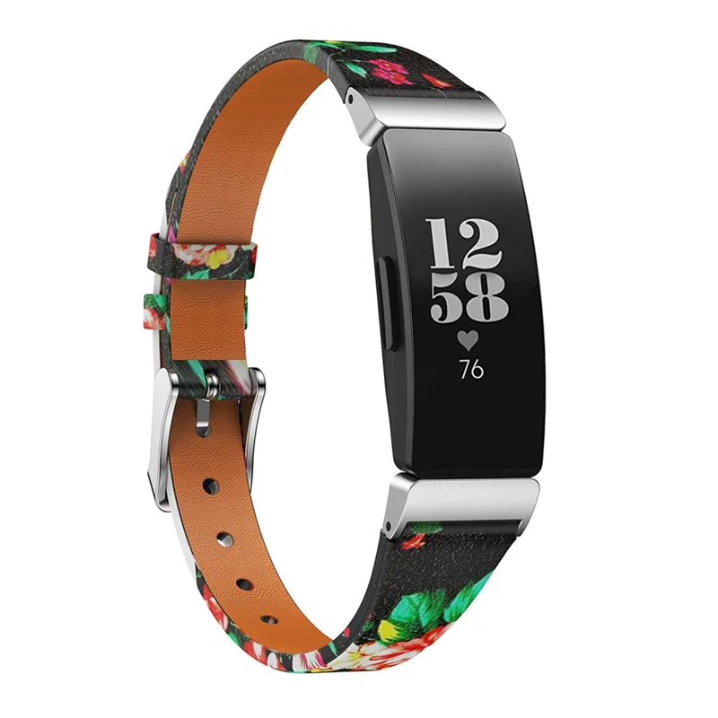 Flower Pattern Single Tour Genuine Leather Watch Strap for Fitbit Inspire / Inspire HR - Black Red Rose