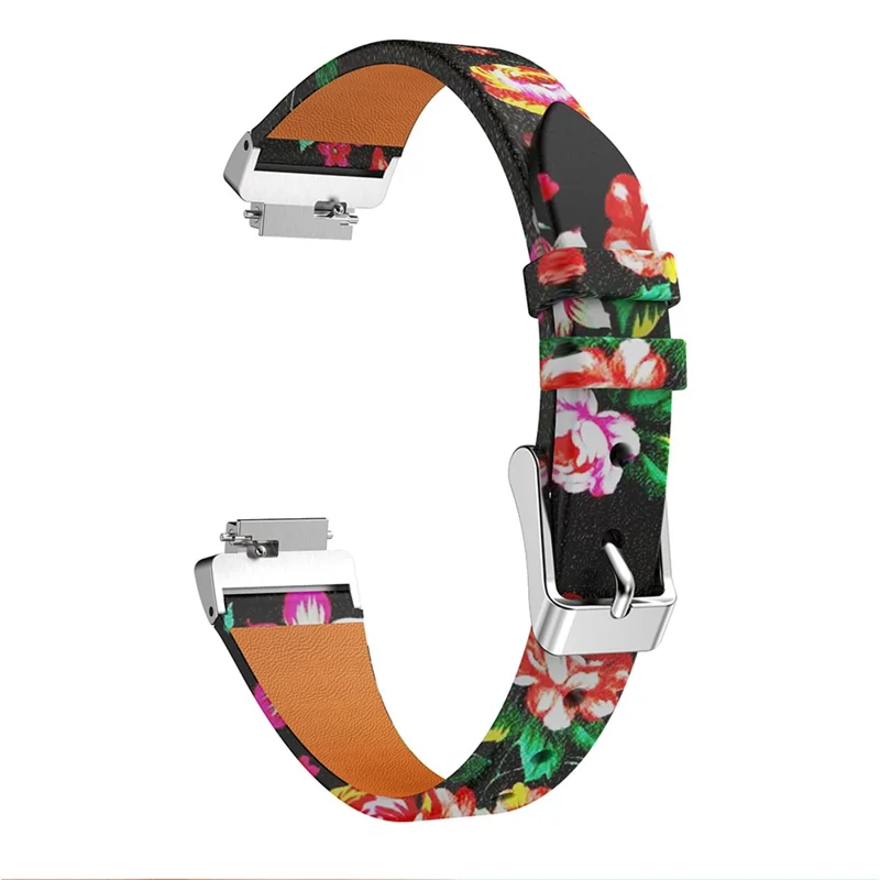 Flower Pattern Single Tour Genuine Leather Watch Strap for Fitbit Inspire / Inspire HR - Black Red Rose
