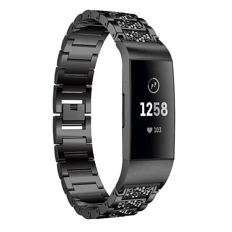 Acier Inoxydable Massif Avec Bande de Montre en Diamant Pour Charge Fitbit 4 / 3 - le Noir