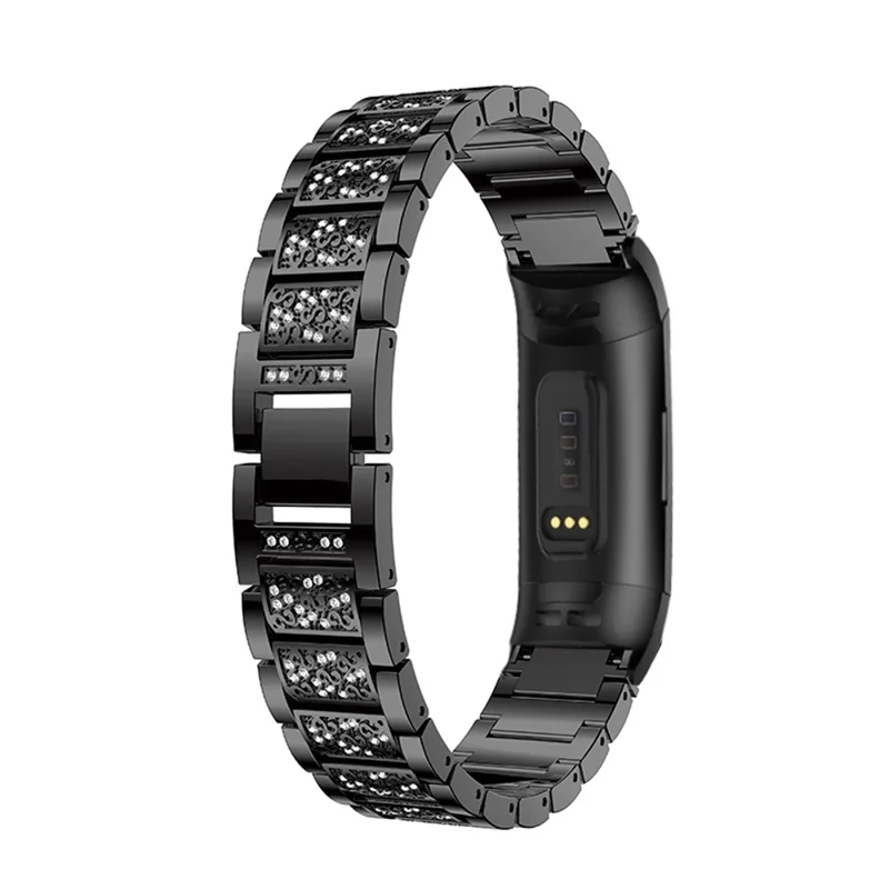 Acier Inoxydable Massif Avec Bande de Montre en Diamant Pour Charge Fitbit 4 / 3 - le Noir
