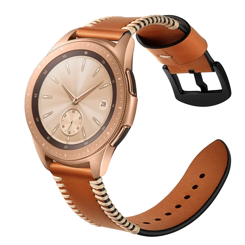 20mm Genuine Leather Watch Band Wristband with Hand Sewn Edges for Samsung Galaxy Watch Active - Brown
