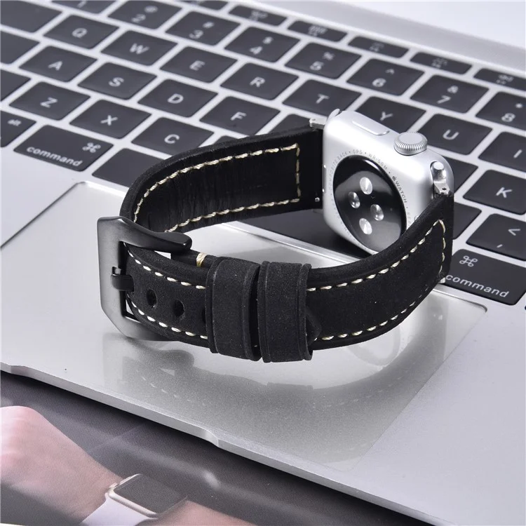 Genuine Leather Matte Wrist Strap for Apple Watch Series 10 46mm / Ultra 2 Ultra 49mm / 9 8 7 45mm / SE (2023) SE (2022) SE 6 5 4 44mm / 3 2 1 42mm - Black