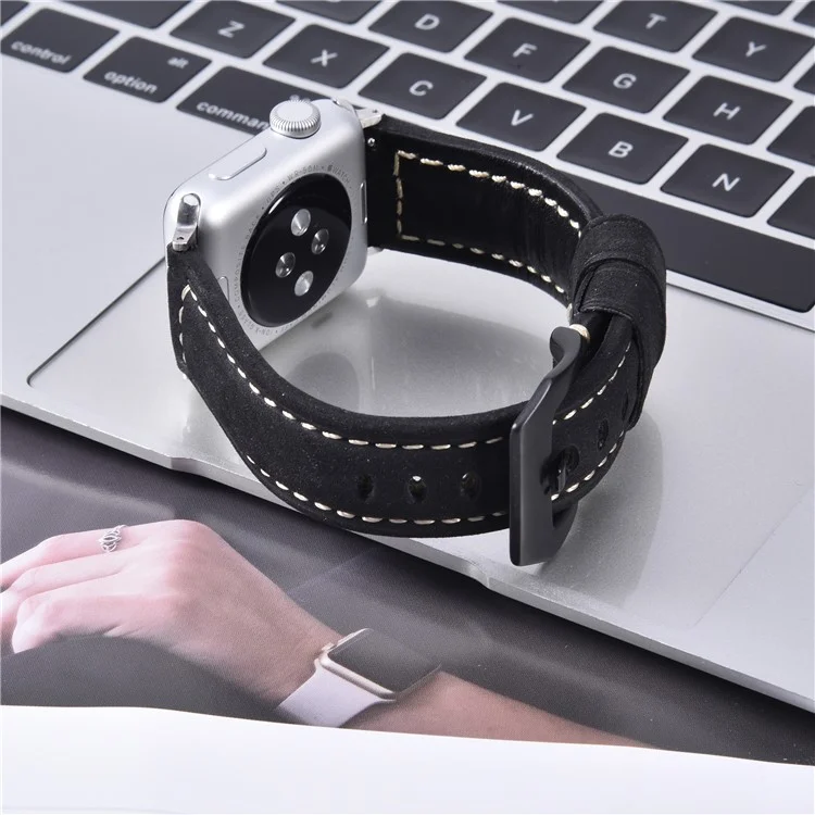 Genuine Leather Matte Wrist Strap for Apple Watch Series 10 46mm / Ultra 2 Ultra 49mm / 9 8 7 45mm / SE (2023) SE (2022) SE 6 5 4 44mm / 3 2 1 42mm - Black