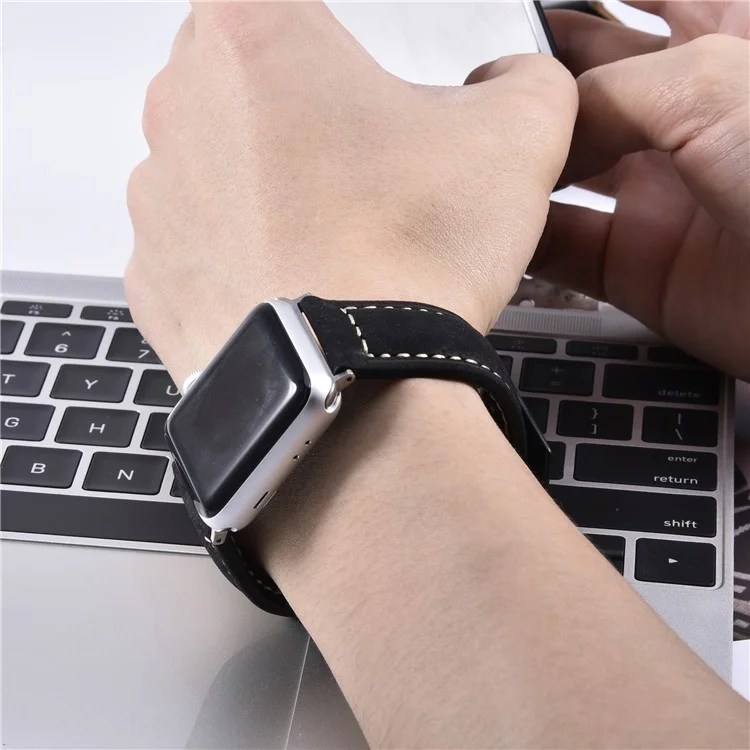 Genuine Leather Matte Wrist Strap for Apple Watch Series 10 46mm / Ultra 2 Ultra 49mm / 9 8 7 45mm / SE (2023) SE (2022) SE 6 5 4 44mm / 3 2 1 42mm - Black