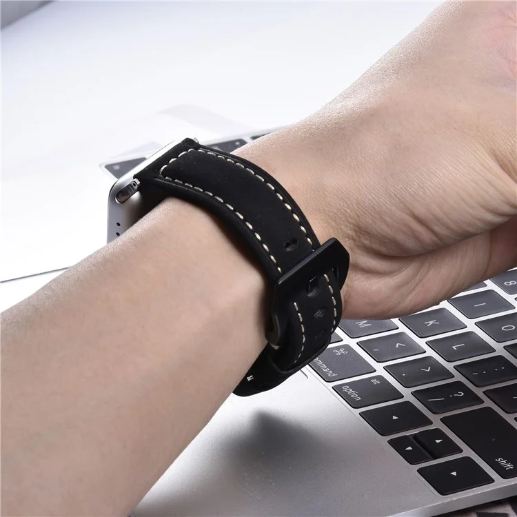 Genuine Leather Matte Wrist Strap for Apple Watch Series 10 46mm / Ultra 2 Ultra 49mm / 9 8 7 45mm / SE (2023) SE (2022) SE 6 5 4 44mm / 3 2 1 42mm - Black