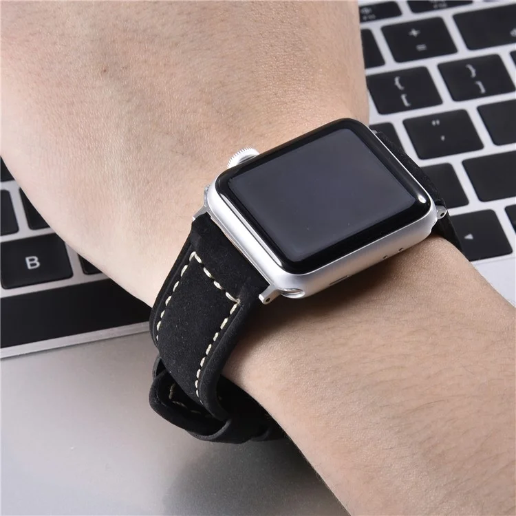 Genuine Leather Matte Wrist Strap for Apple Watch Series 10 46mm / Ultra 2 Ultra 49mm / 9 8 7 45mm / SE (2023) SE (2022) SE 6 5 4 44mm / 3 2 1 42mm - Black