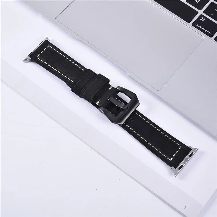 Genuine Leather Matte Wrist Strap for Apple Watch Series 10 46mm / Ultra 2 Ultra 49mm / 9 8 7 45mm / SE (2023) SE (2022) SE 6 5 4 44mm / 3 2 1 42mm - Black