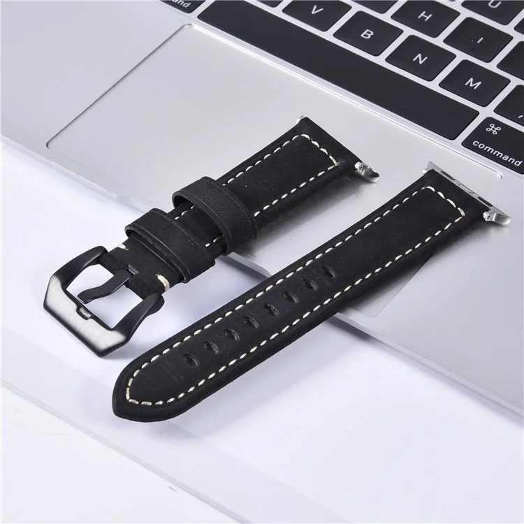 Genuine Leather Matte Wrist Strap for Apple Watch Series 10 46mm / Ultra 2 Ultra 49mm / 9 8 7 45mm / SE (2023) SE (2022) SE 6 5 4 44mm / 3 2 1 42mm - Black