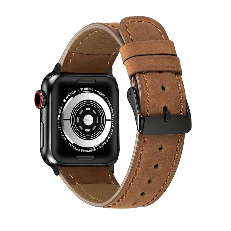 Crackle Texture Watchband Genuine Leather Watch Strap for Apple Watch Series 10 42mm / 9 8 7 41mm / SE (2023) SE (2022) SE 6 5 4 40mm / 3 2 1 38mm - Brown