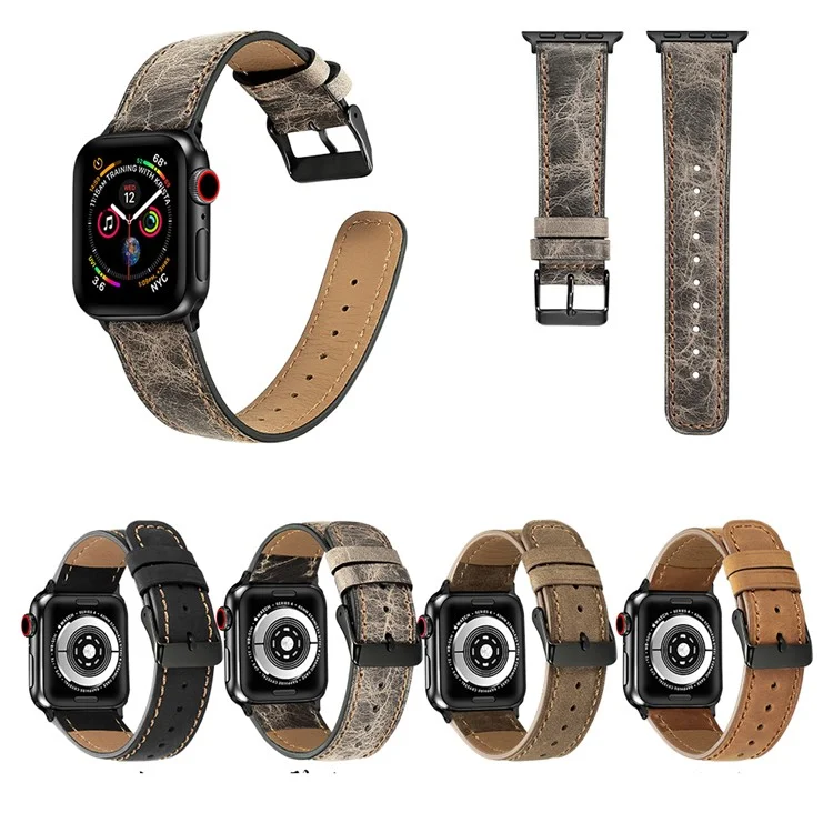 Crackle Texture Watchband Genuine Leather Watch Strap for Apple Watch Series 10 42mm / 9 8 7 41mm / SE (2023) SE (2022) SE 6 5 4 40mm / 3 2 1 38mm - Brown