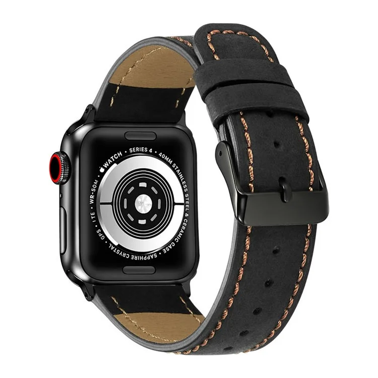 Crackle Texture Genuine Leather Watch Strap for Apple Watch Series 10 46mm / Ultra 2 Ultra 49mm / 9 8 7 45mm / SE (2023) SE (2022) SE 6 5 4 44mm / 3 2 1 42mm - Black