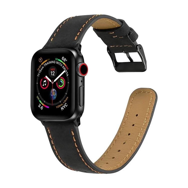 Crackle Texture Genuine Leather Watch Strap for Apple Watch Series 10 46mm / Ultra 2 Ultra 49mm / 9 8 7 45mm / SE (2023) SE (2022) SE 6 5 4 44mm / 3 2 1 42mm - Black