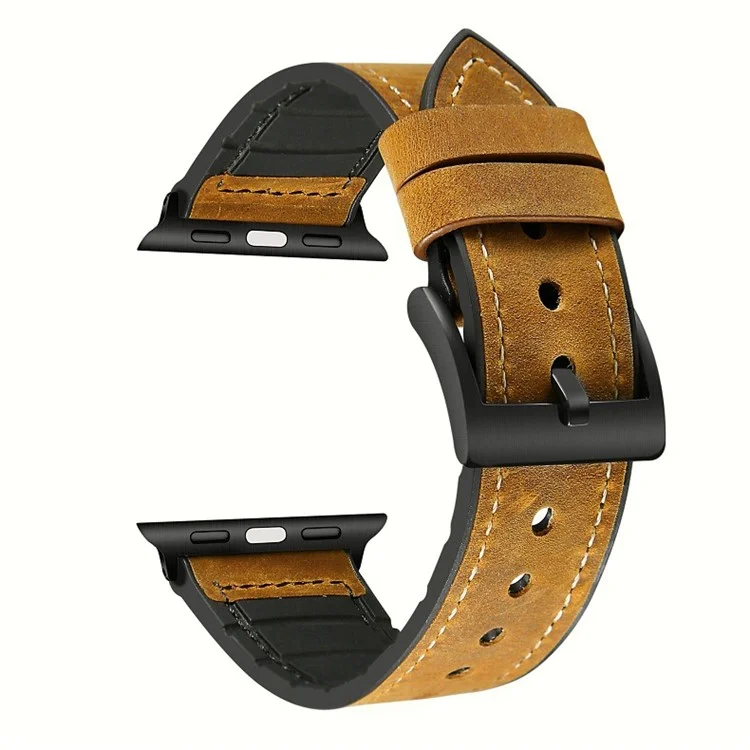 Genuine Leather + Silicone Wrist Watch Strap Replacement for Apple Watch Series 10 42mm / 9 8 7 41mm / SE (2023) SE (2022) SE 6 5 4 40mm / 3 2 1 38mm - Brown