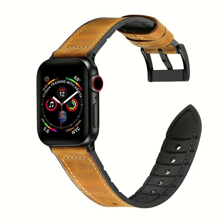 Genuine Leather + Silicone Wrist Watch Strap Replacement for Apple Watch Series 9 / 8 / 7 41mm / 6 / SE (2023) / SE(2022) / SE / 5 / 4 40mm / 3 2 1 38mm - Brown