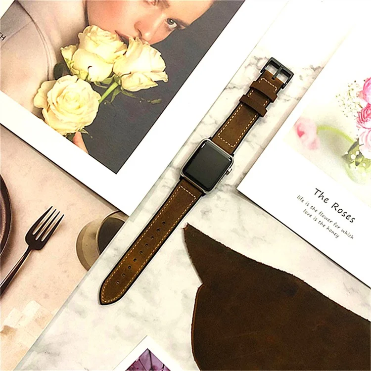 Genuine Leather + Silicone Wrist Watch Strap Replacement for Apple Watch Series 10 42mm / 9 8 7 41mm / SE (2023) SE (2022) SE 6 5 4 40mm / 3 2 1 38mm - Brown