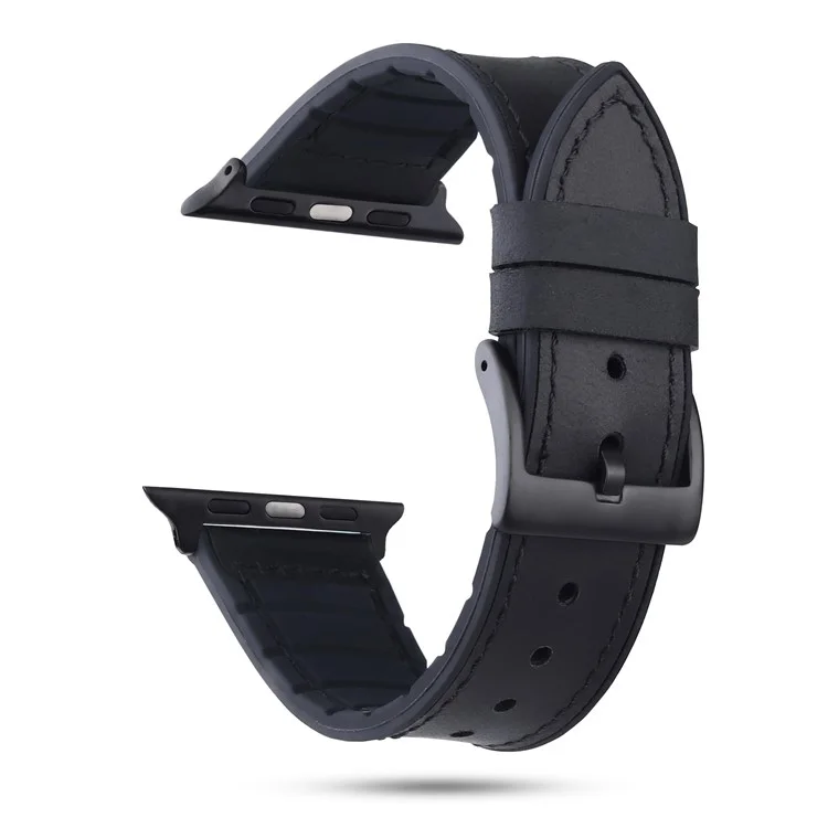 Genuine Leather + Silicone Wrist Watch Strap Replacement for Apple Watch Series 10 46mm / Ultra 2 Ultra 49mm / 9 8 7 45mm / SE (2023) SE (2022) SE 6 5 4 44mm / 3 2 1 42mm - Black