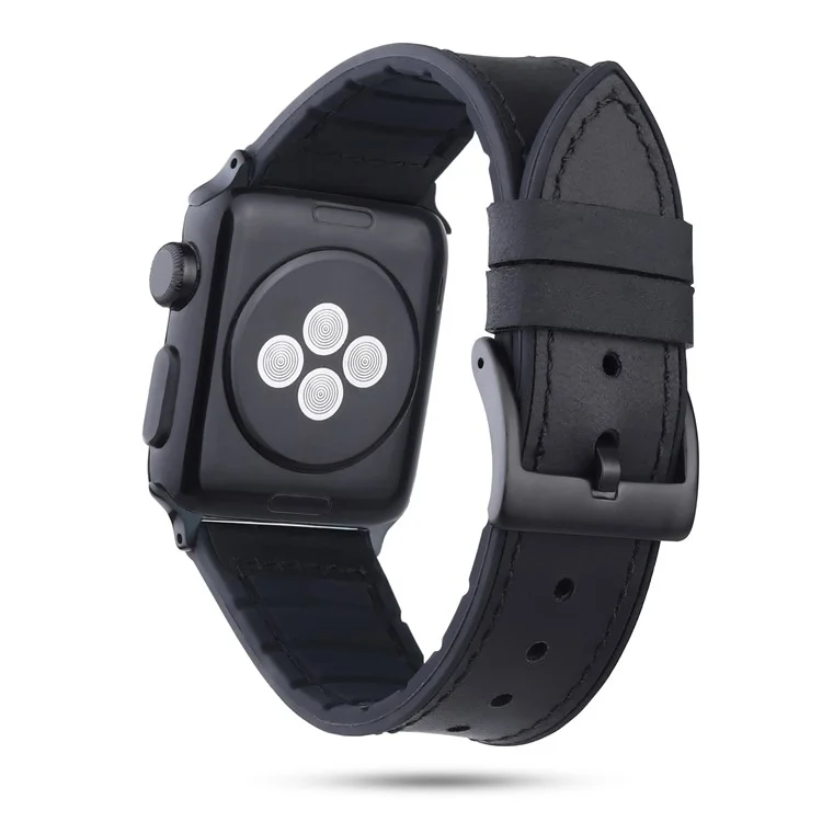 Genuine Leather + Silicone Wrist Watch Strap Replacement for Apple Watch Series 10 46mm / Ultra 2 Ultra 49mm / 9 8 7 45mm / SE (2023) SE (2022) SE 6 5 4 44mm / 3 2 1 42mm - Black
