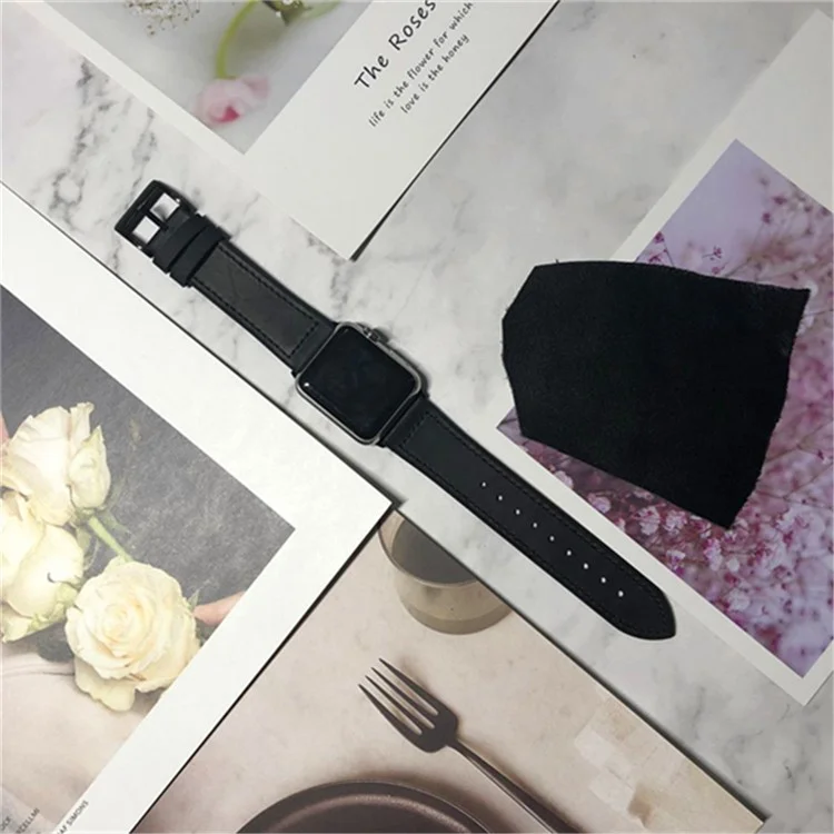 Genuine Leather + Silicone Wrist Watch Strap Replacement for Apple Watch Series 10 46mm / Ultra 2 Ultra 49mm / 9 8 7 45mm / SE (2023) SE (2022) SE 6 5 4 44mm / 3 2 1 42mm - Black